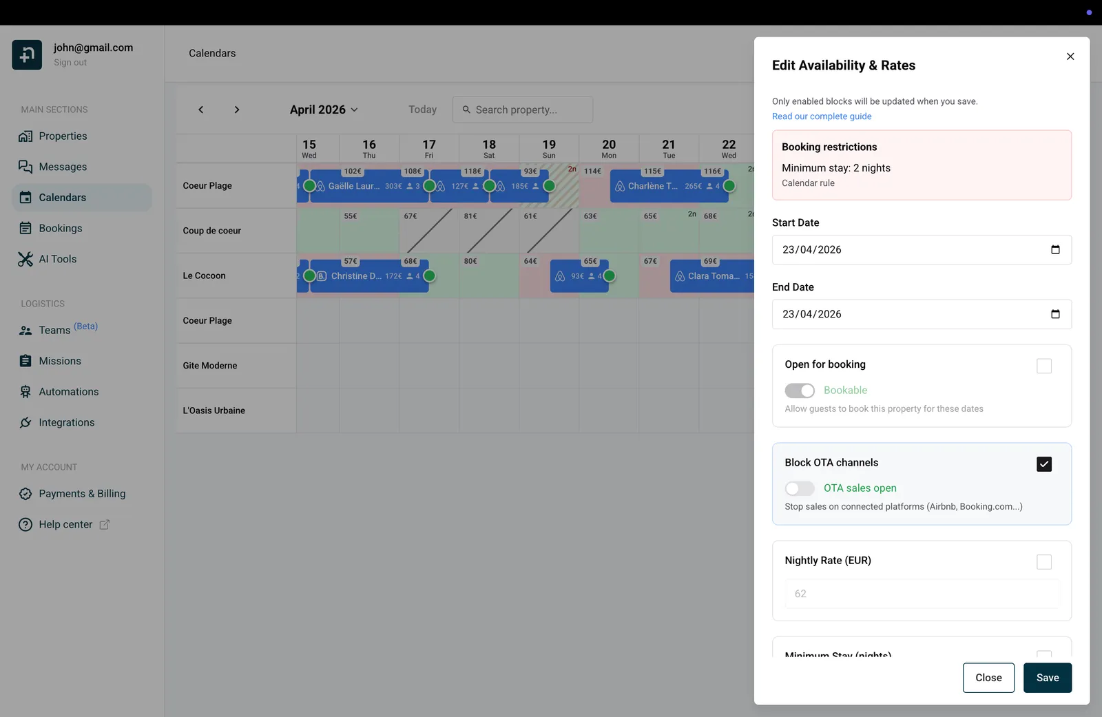 Edit panel showing booking restrictions block with minimum stay 2 nights from calendar rule