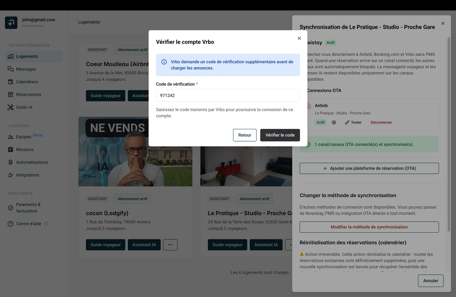 Fenêtre Vérifier le compte Vrbo montrant le champ de saisie du code de vérification