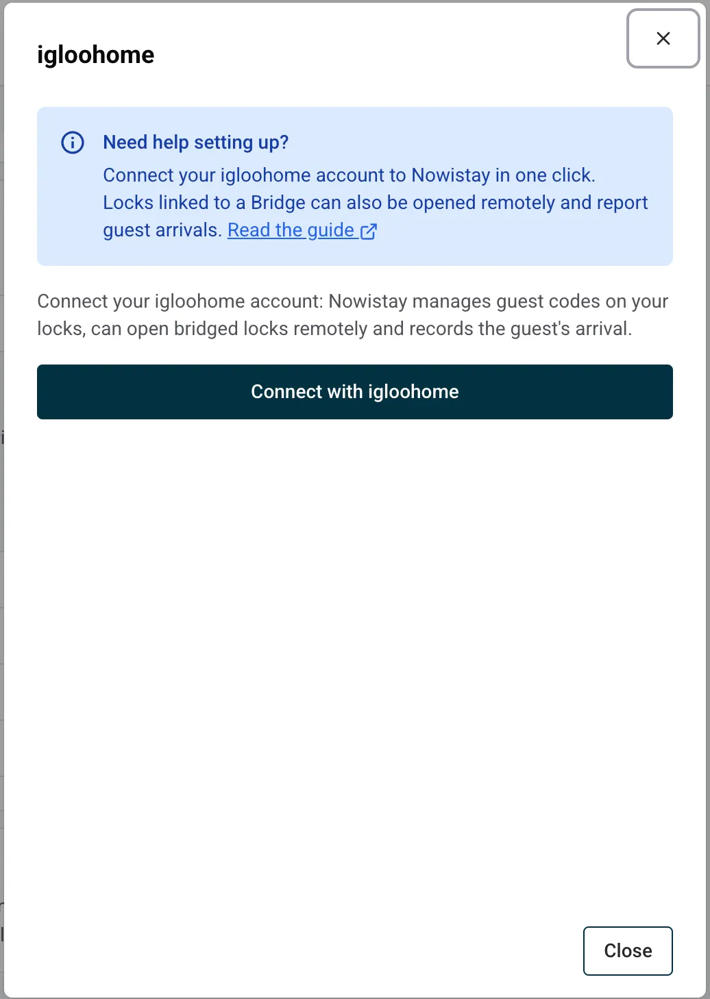 igloohome connection panel in Nowistay with the Connect with igloohome button