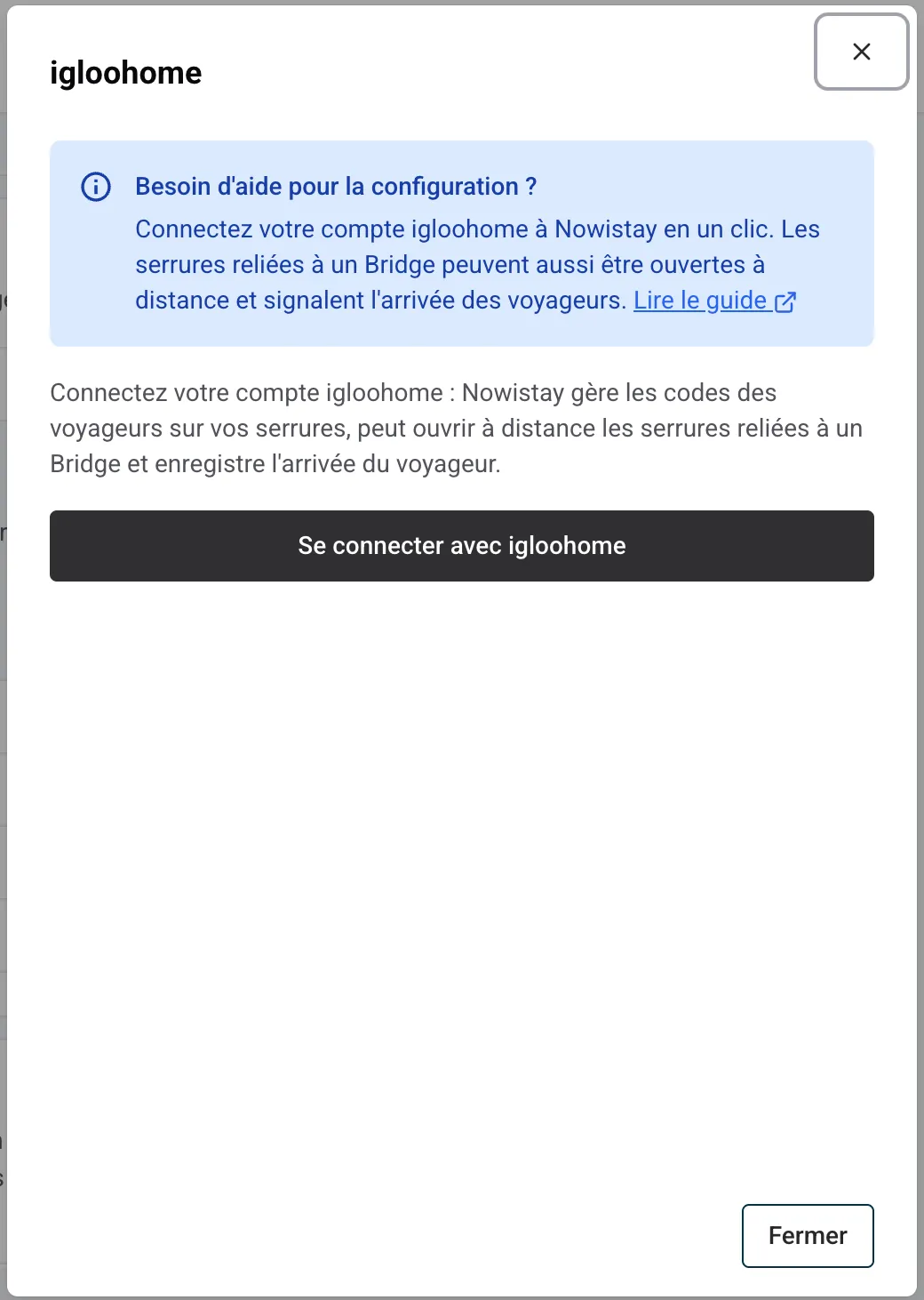 Panneau de connexion igloohome dans Nowistay avec le bouton Se connecter avec igloohome