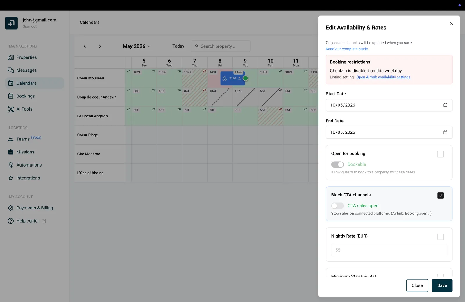 Edit panel showing booking restrictions block with check-in disabled on weekday from listing settings with link to Airbnb availability