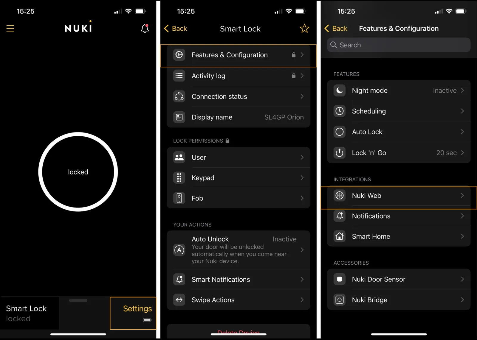 Nuki app features and configuration screen