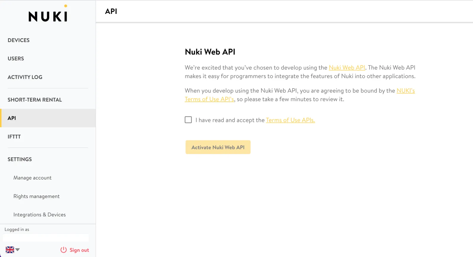 Nuki Web API activation page