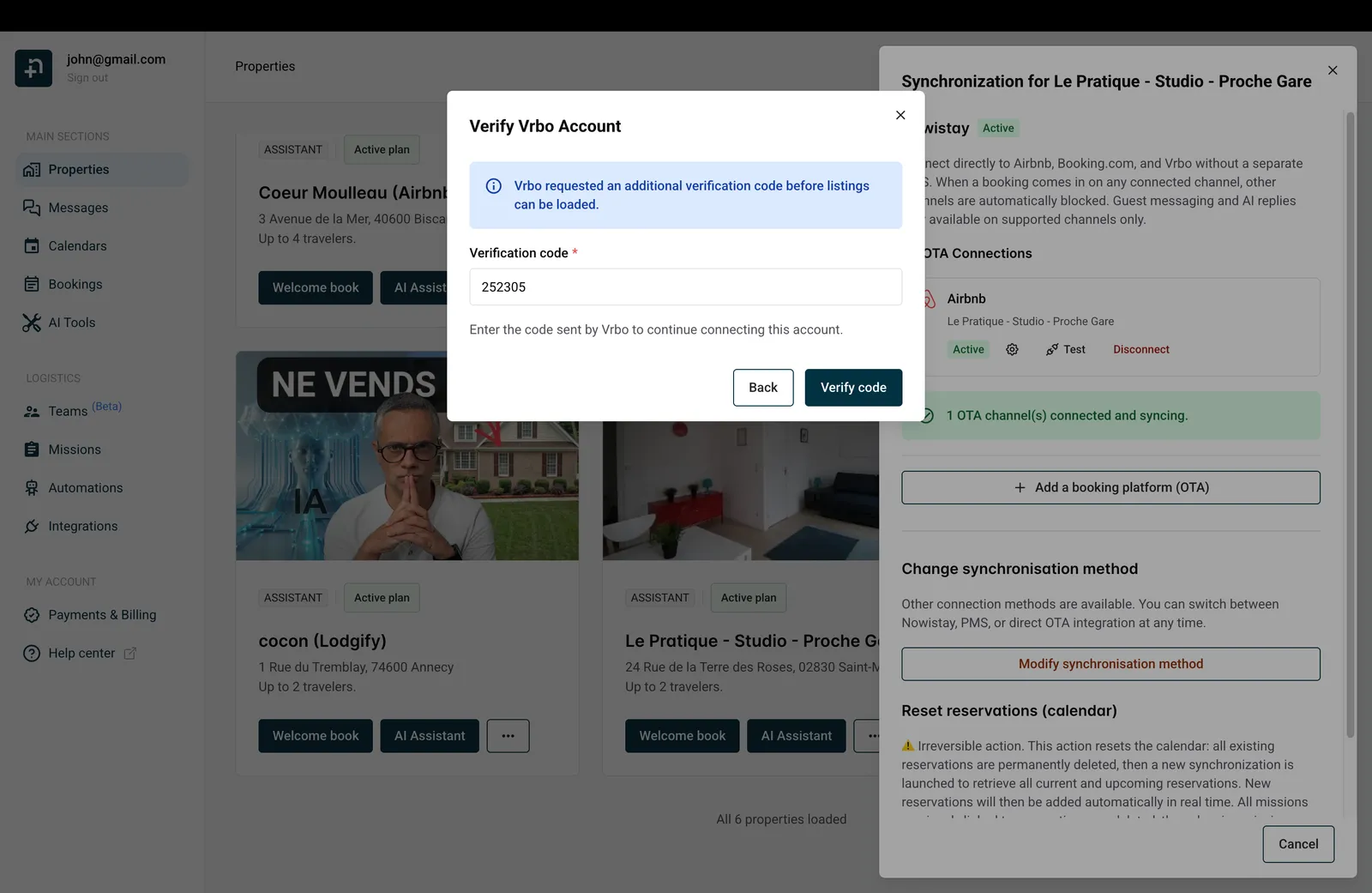 Verify Vrbo Account dialog showing the verification code entry field