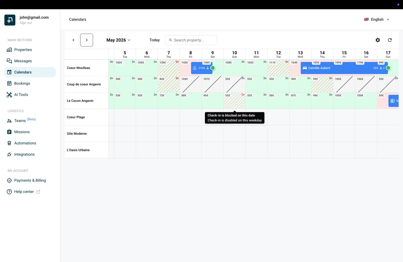 Calendar showing a tooltip on a restricted date explaining check-in is disabled on this weekday