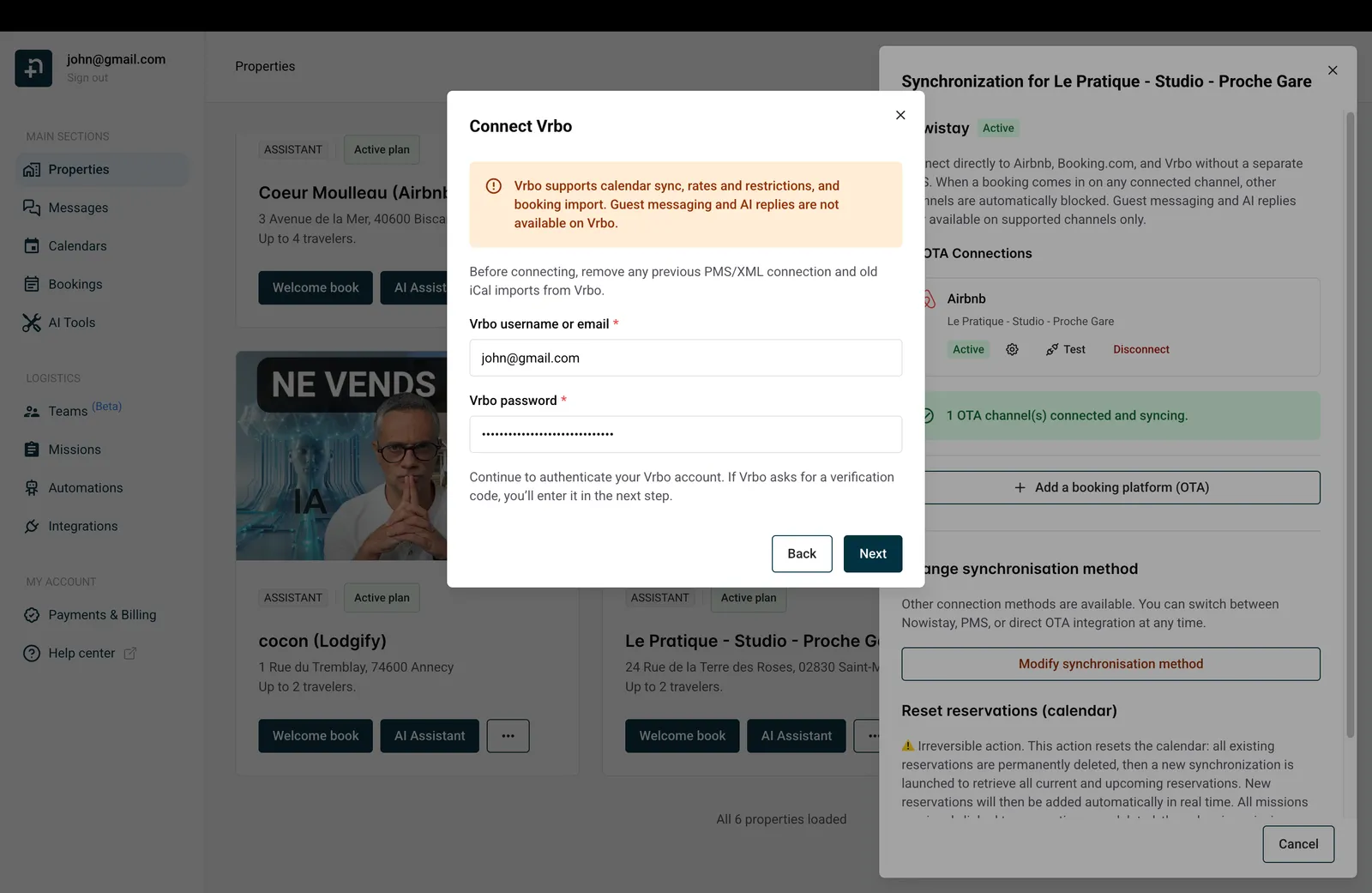Connect Vrbo dialog showing the warning banner and credential fields