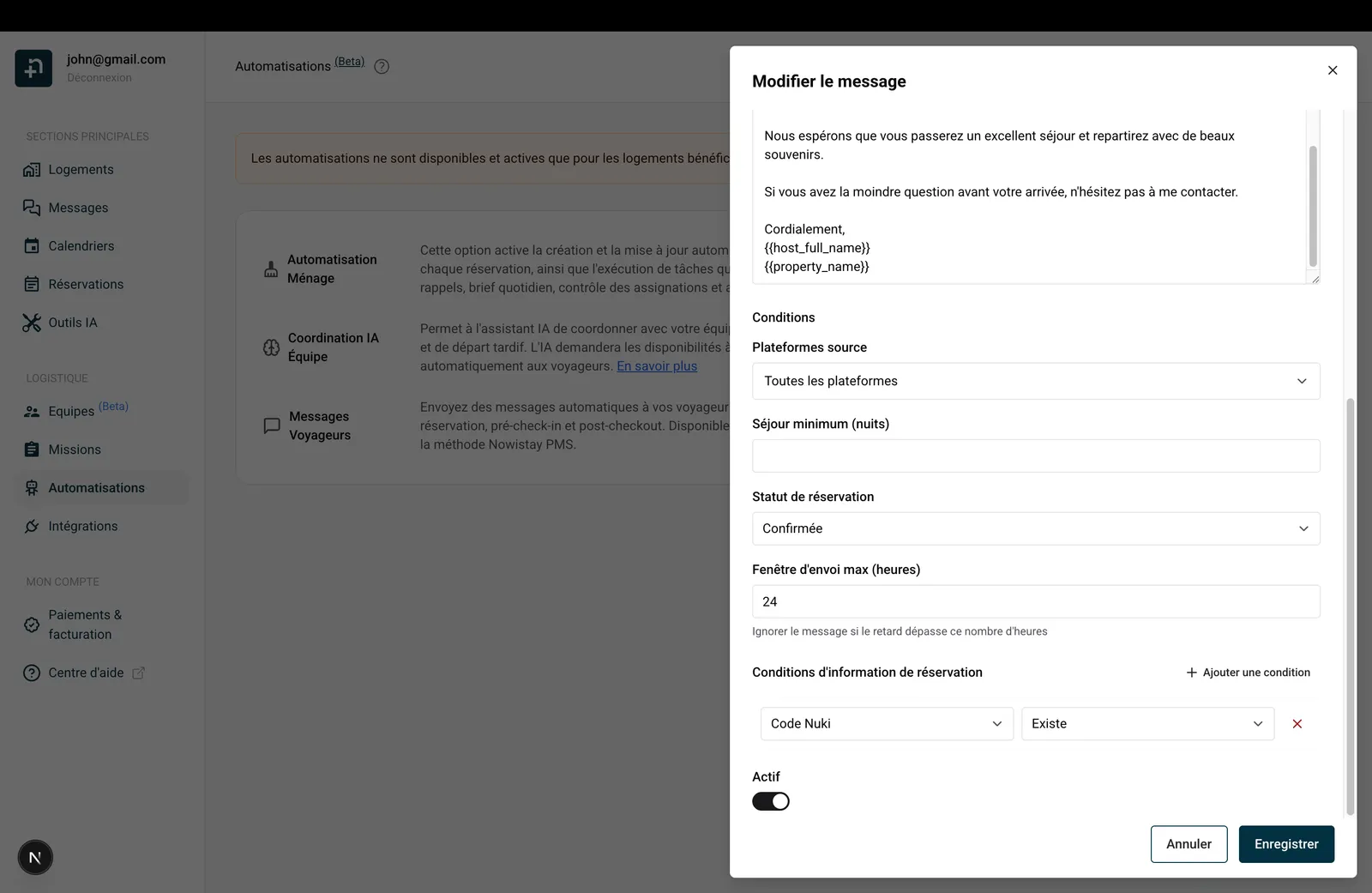 Section Conditions de l'éditeur de modèle montrant les plateformes source, le séjour minimum, le statut de réservation, la fenêtre d'envoi max et les conditions sur les informations de réservation