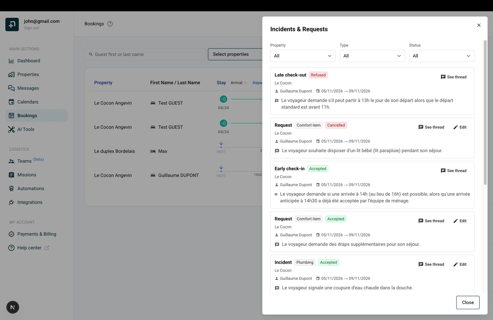 The Incidents and Requests drawer listing several inquiries with their type, category, status, guest, dates, and action buttons.