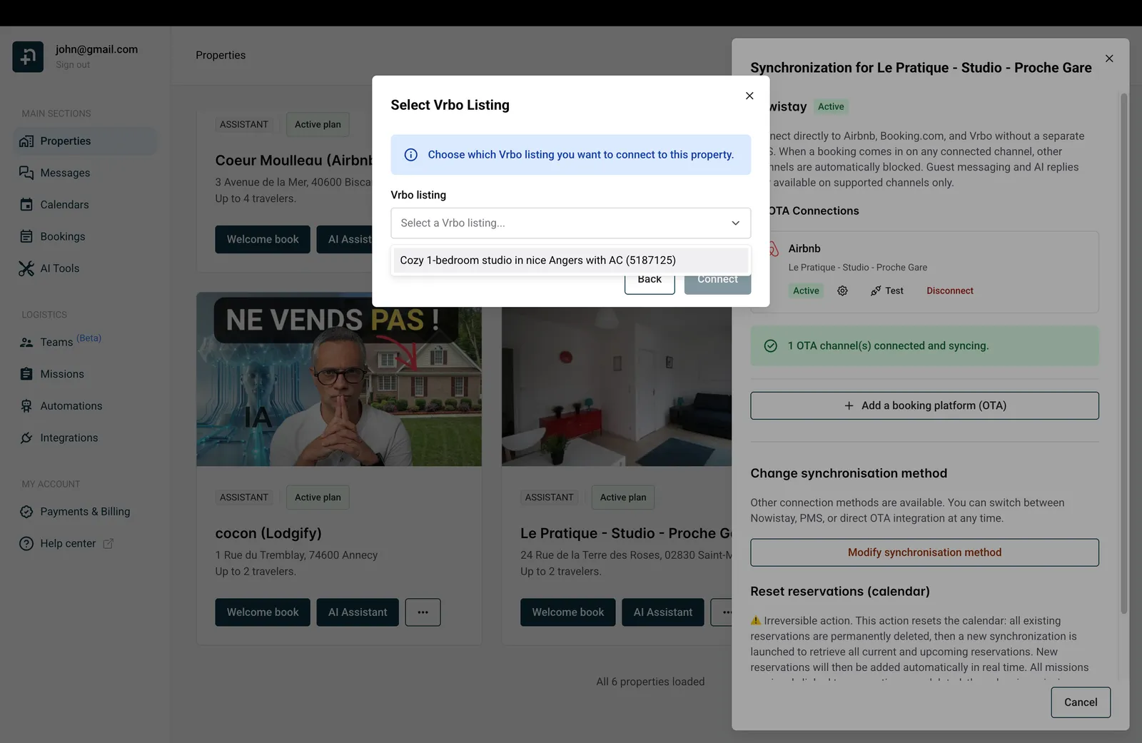 Select Vrbo Listing dialog with the listing dropdown open