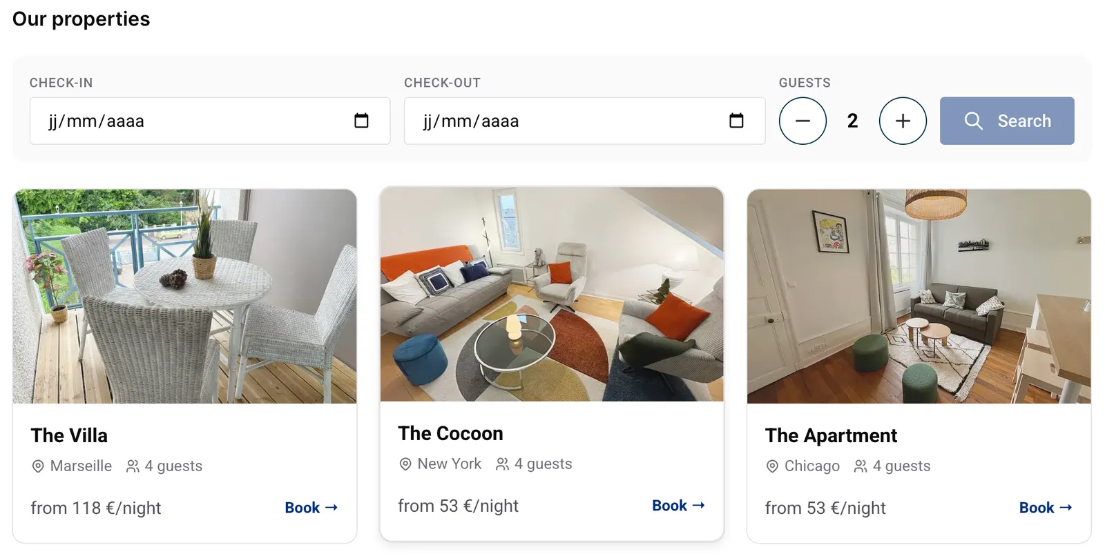 Multi-property widget showing all properties with starting prices and a date search bar