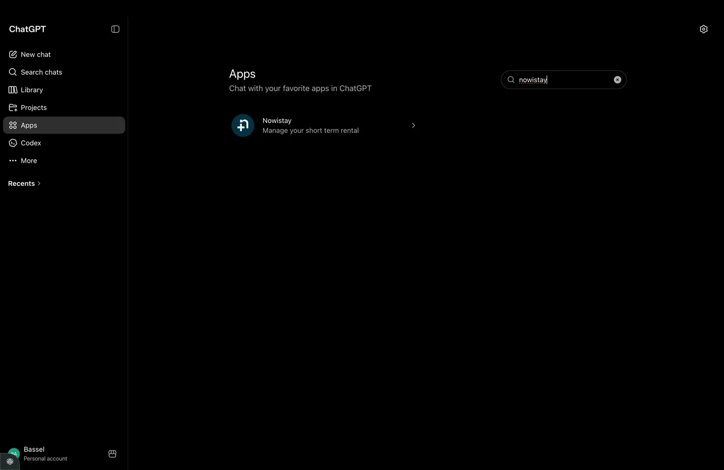 Searching for the Nowistay app in the ChatGPT plugin directory
