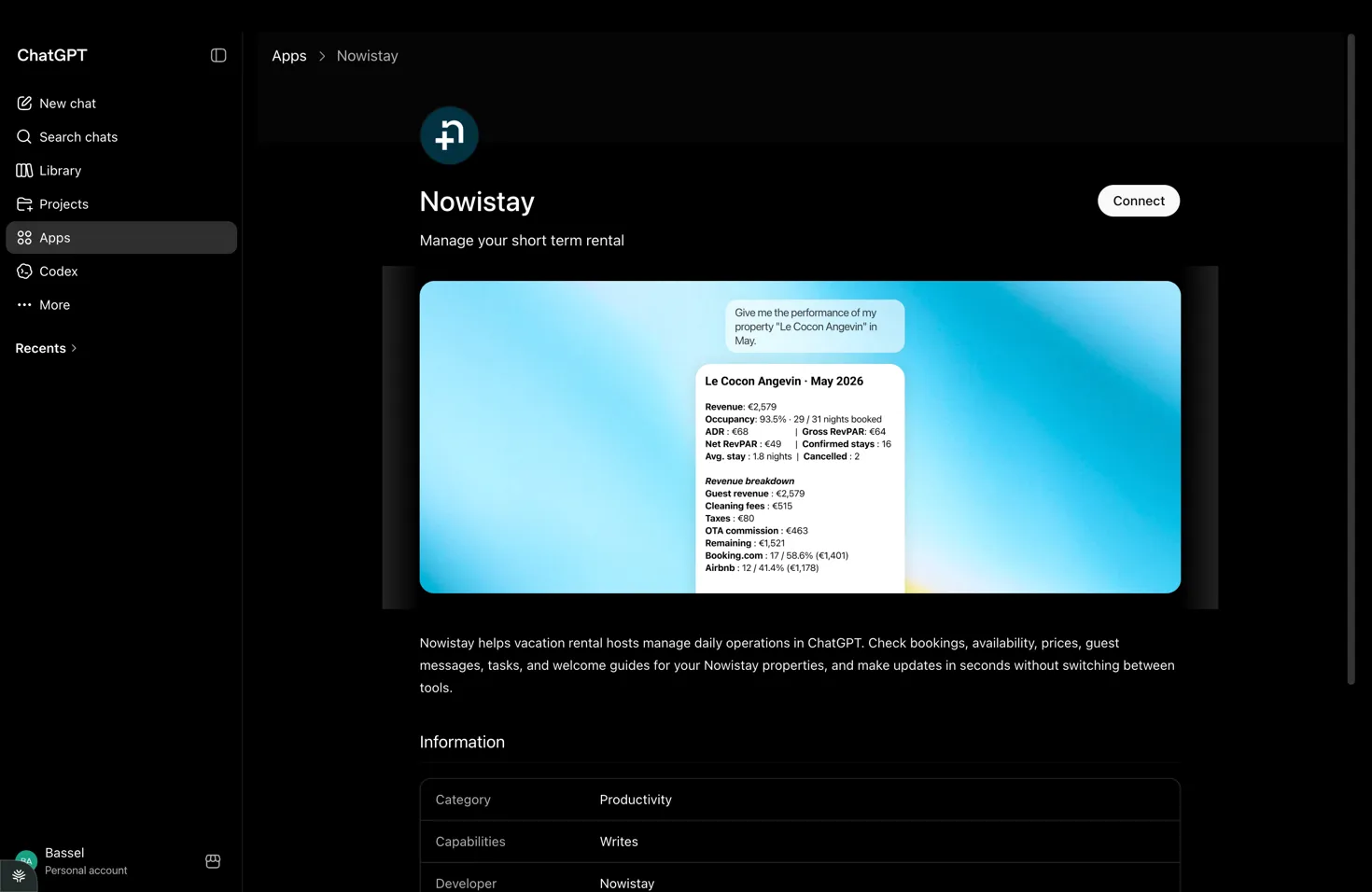 The Nowistay app page in ChatGPT with the Connect button
