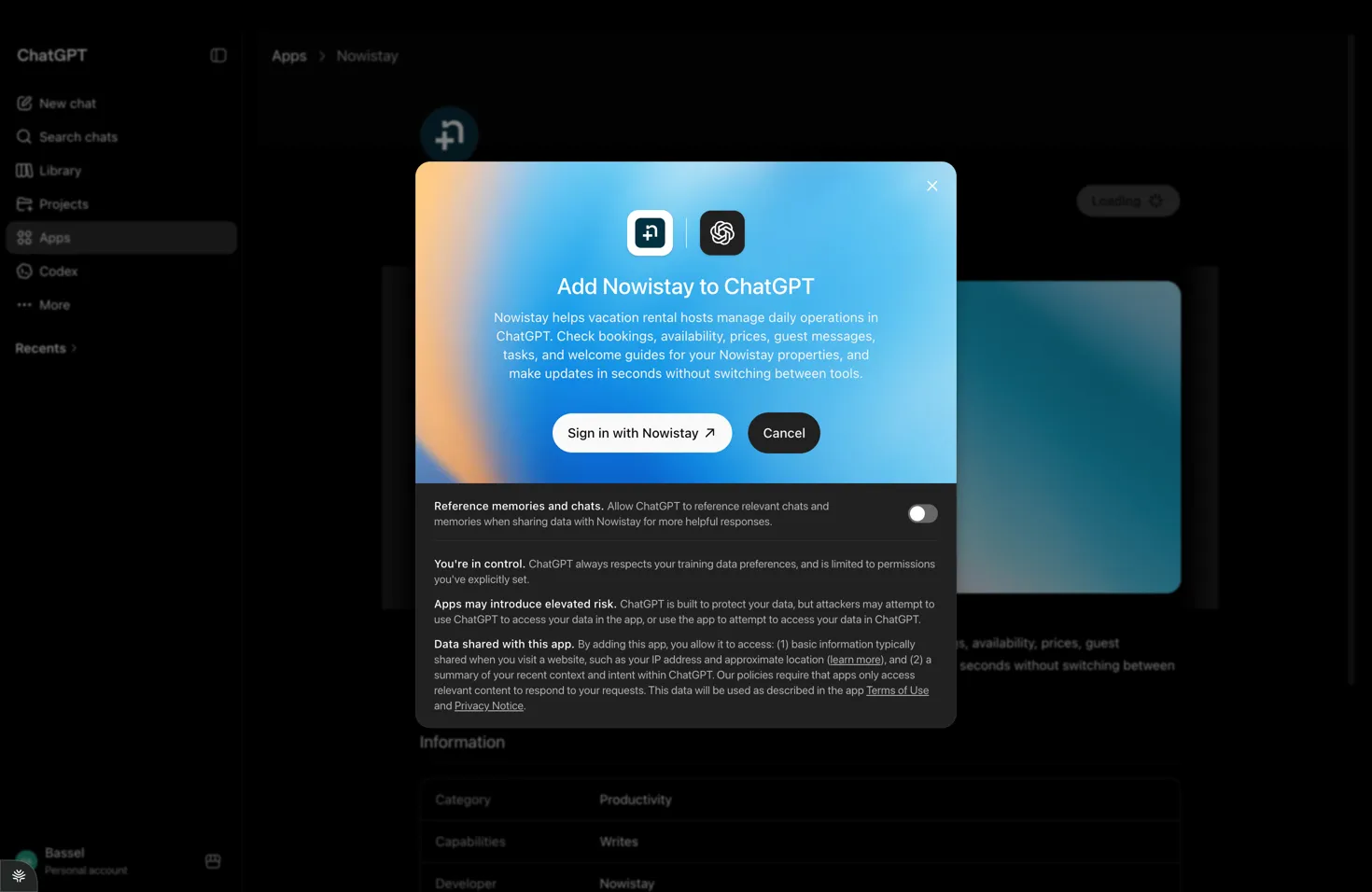The Add Nowistay to ChatGPT window with the Sign in with Nowistay button