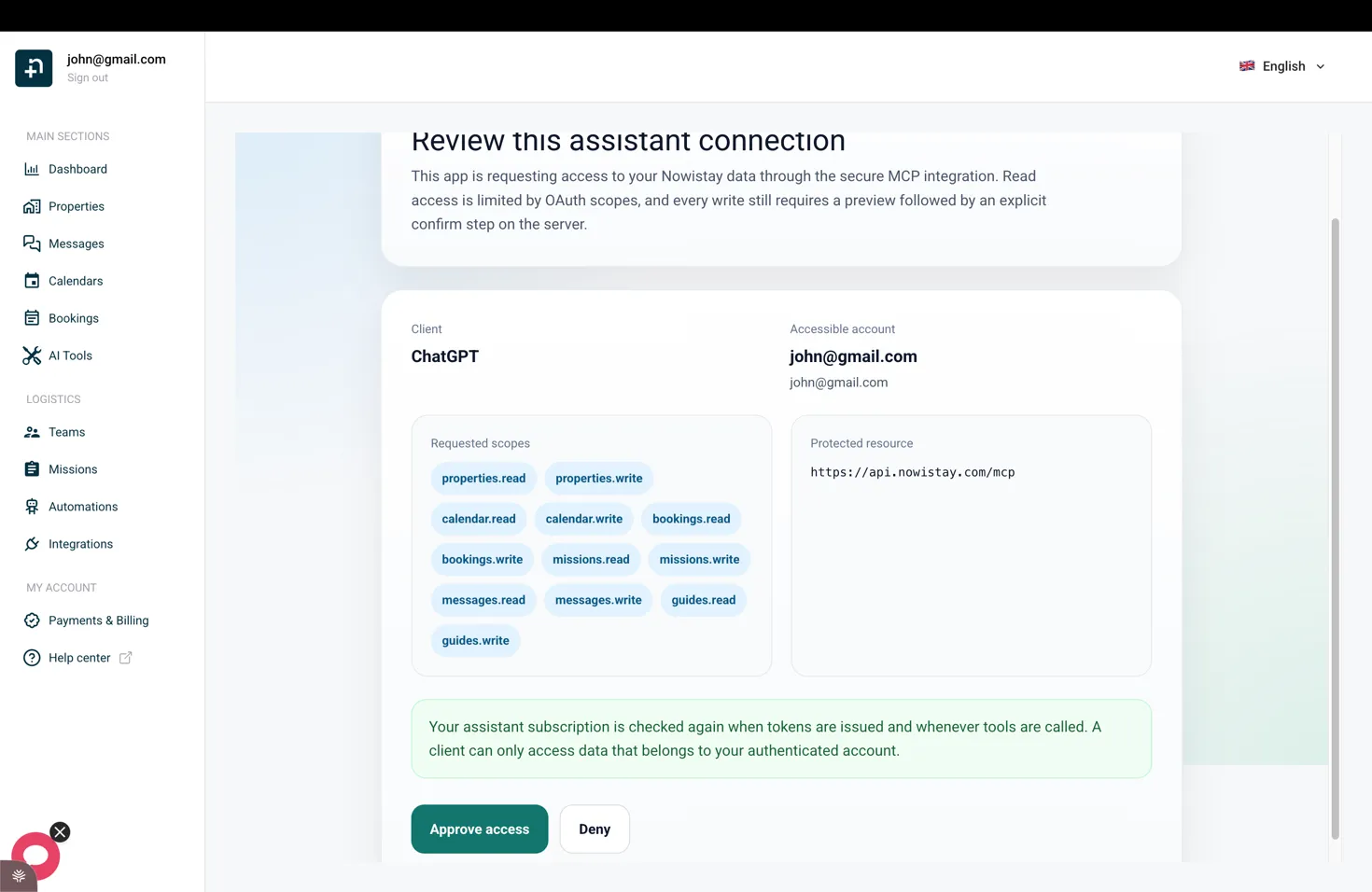 The Nowistay assistant connection review screen showing the requested permissions and the Approve access button