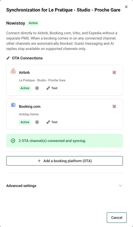 Synchronization window listing the Airbnb and Booking.com connections, each with a Channel settings gear icon