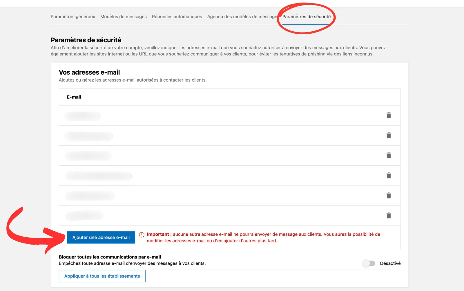 Paramètres de sécurité ajouter email