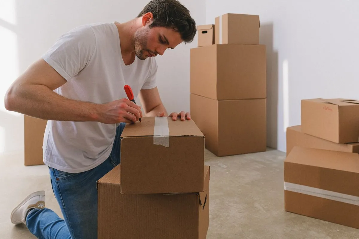 Man labelling moving boxes, illustrating a vacation rental business migrating from Smily to another PMS