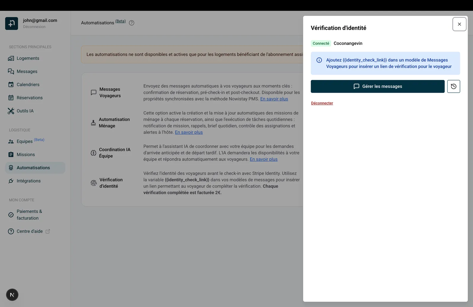 Panneau Vérification d'identité connecté avec bouton Gérer les messages