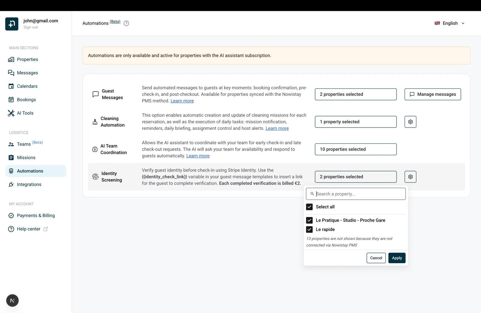 Automations page showing Identity Screening with property selector open