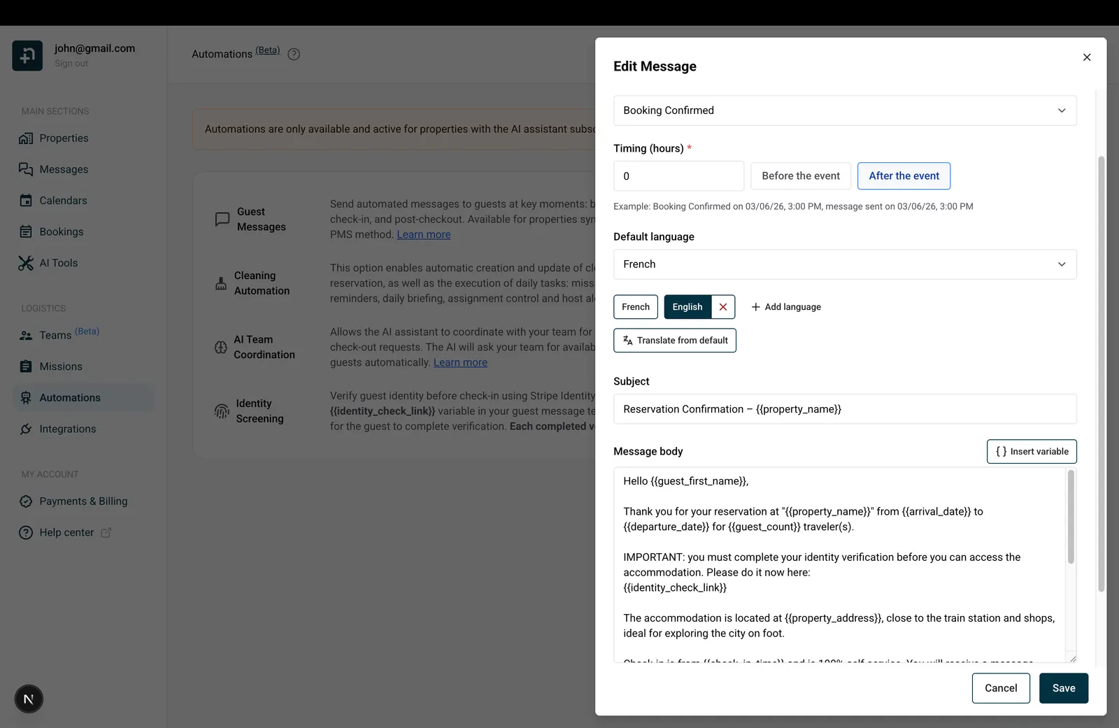 Edit Message dialog showing Booking Confirmed template with identity_check_link variable in the message body