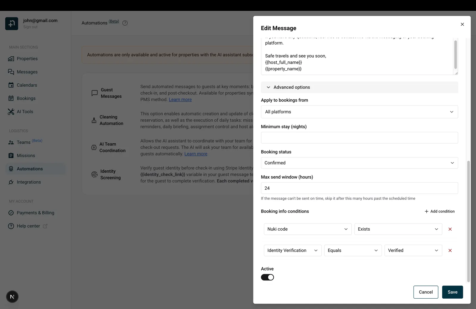 Edit Message dialog showing Advanced options with Identity Verification equals Verified condition