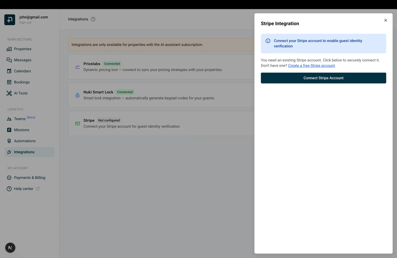 Stripe Integration drawer with Connect Stripe Account button
