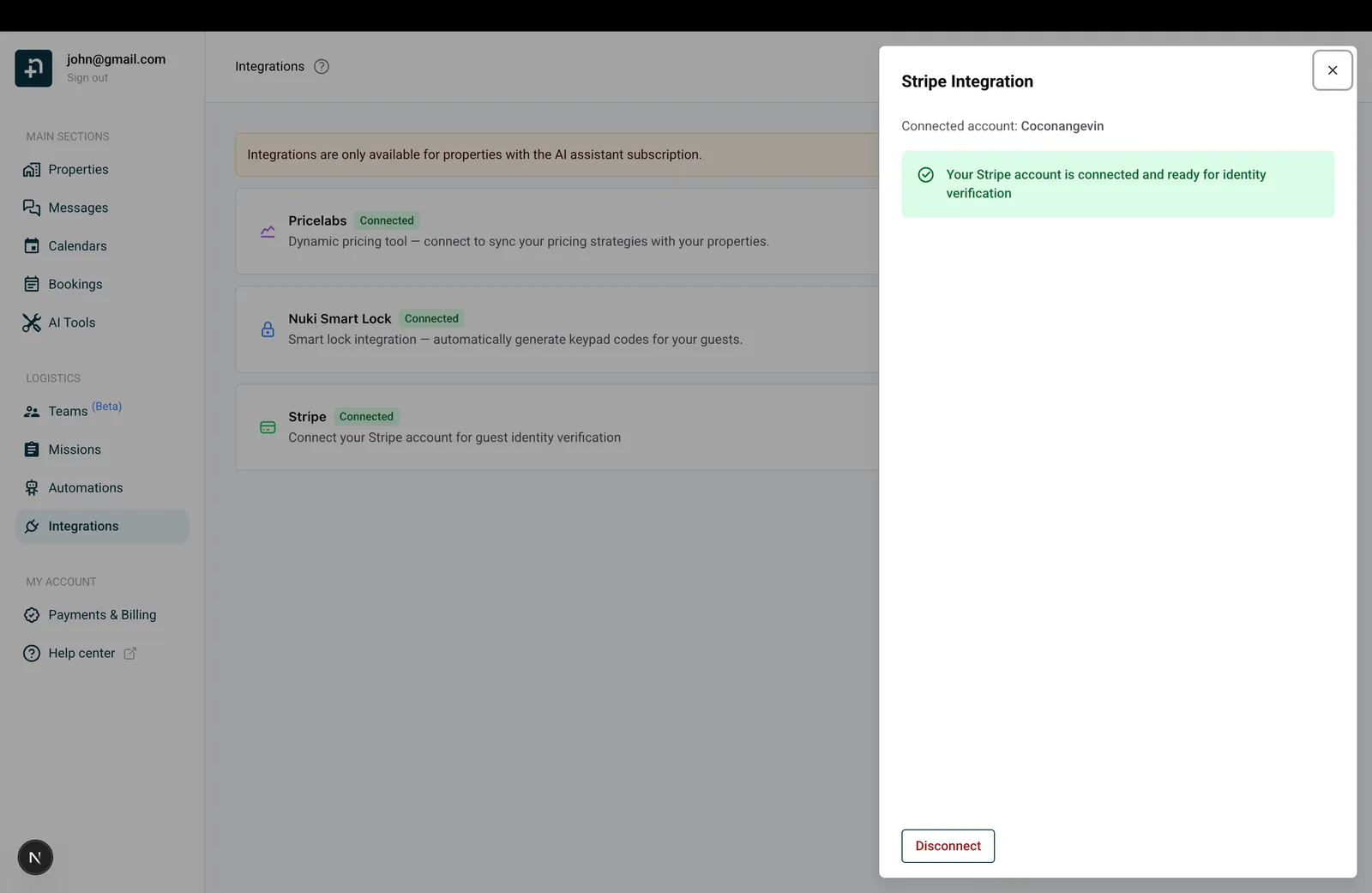 Stripe Integration drawer showing connected confirmation message