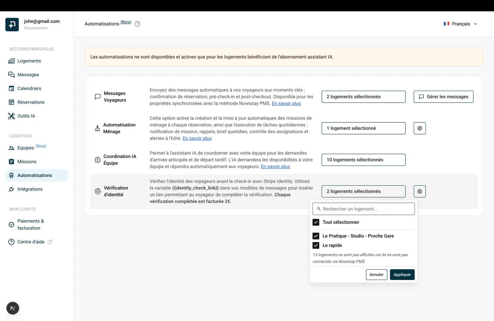 Page Automatisations avec le sélecteur de logements ouvert pour Vérification d'identité