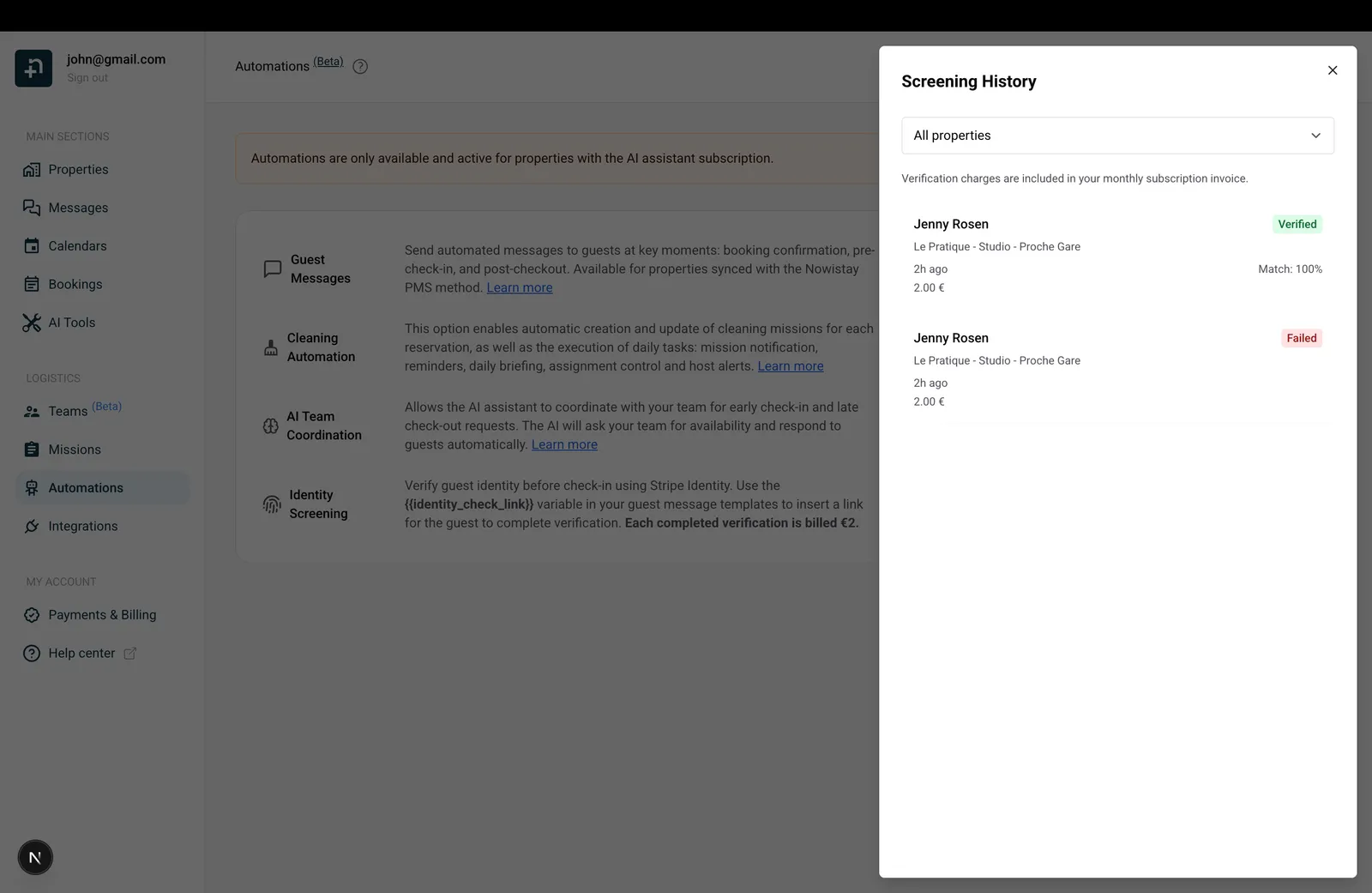 Screening History drawer showing verified and failed verification results