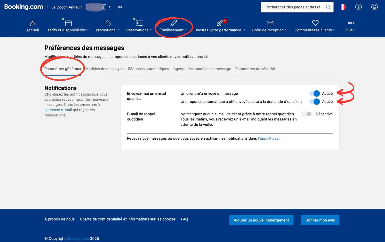 Préférences des messages paramètres généraux