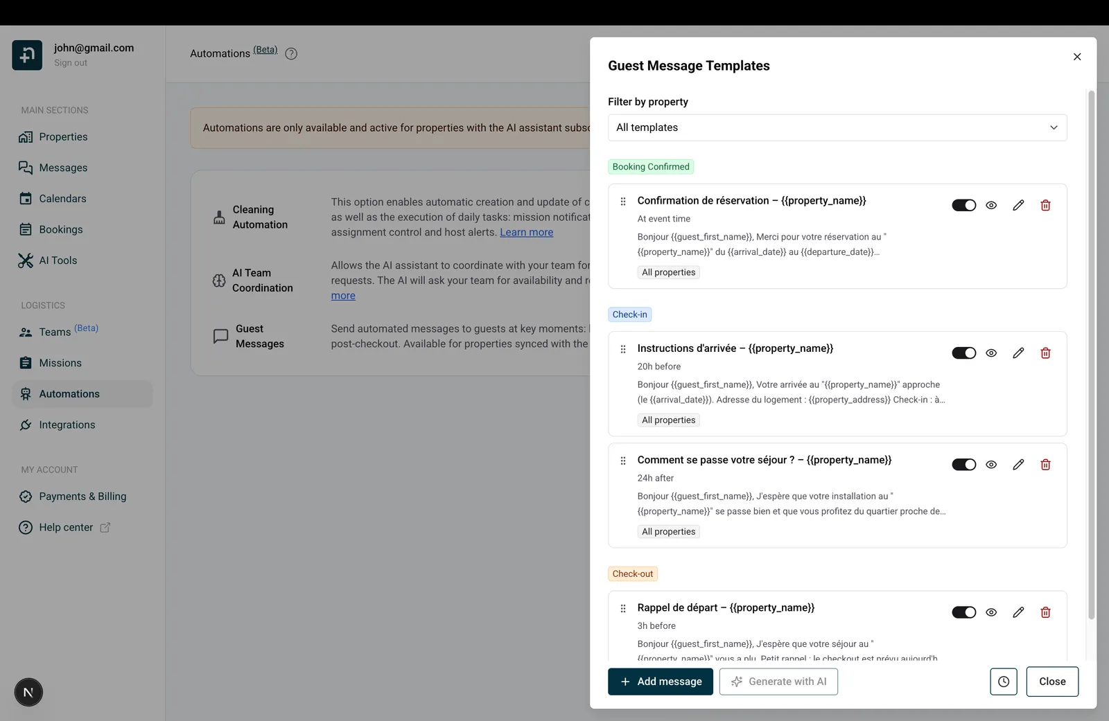 Guest Message Templates panel showing four templates grouped by trigger event with Add message and Generate with AI buttons at the bottom