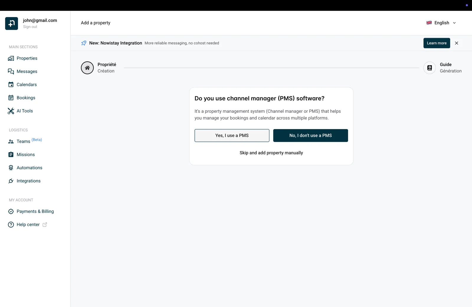 Nowistay wizard asking if you use a PMS