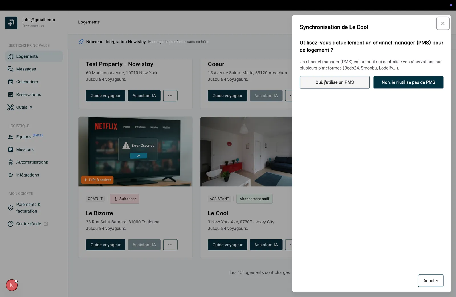 Fenêtre de synchronisation demandant si vous utilisez un PMS