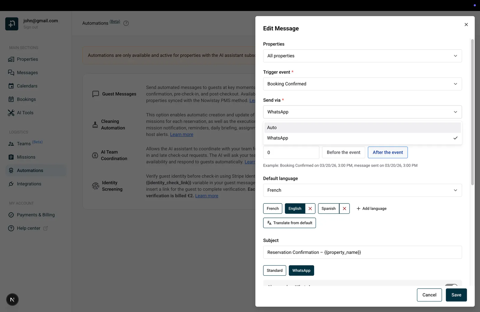Template editor showing Send via dropdown with Auto and WhatsApp delivery options