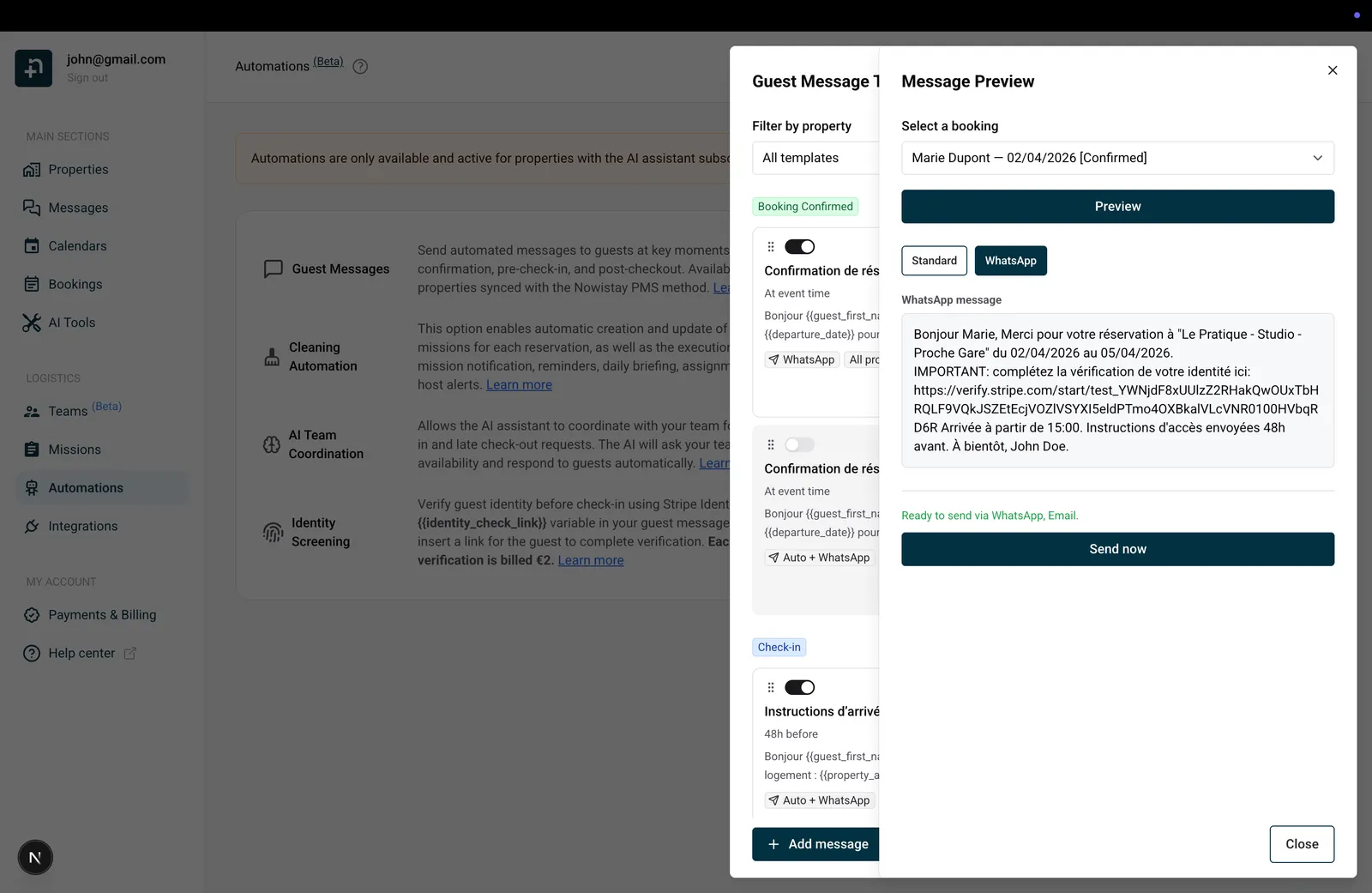 Message preview panel showing WhatsApp tab with resolved variables and Send now button