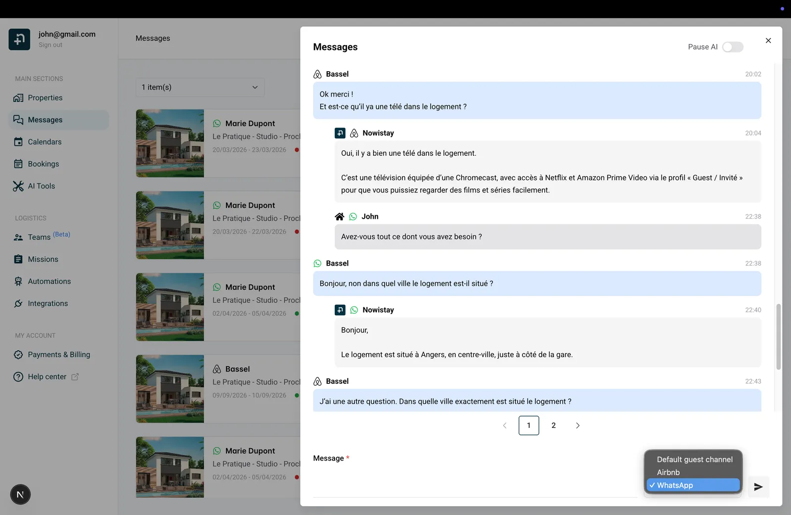 Unified message thread showing WhatsApp and OTA messages in one conversation