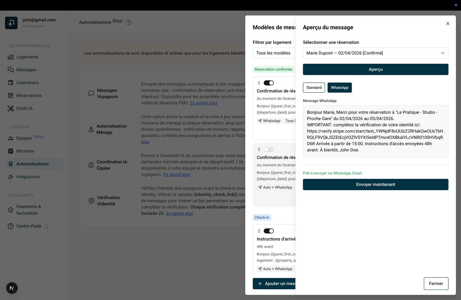 Panneau de prévisualisation montrant l'onglet WhatsApp avec les variables résolues et le bouton Envoyer maintenant