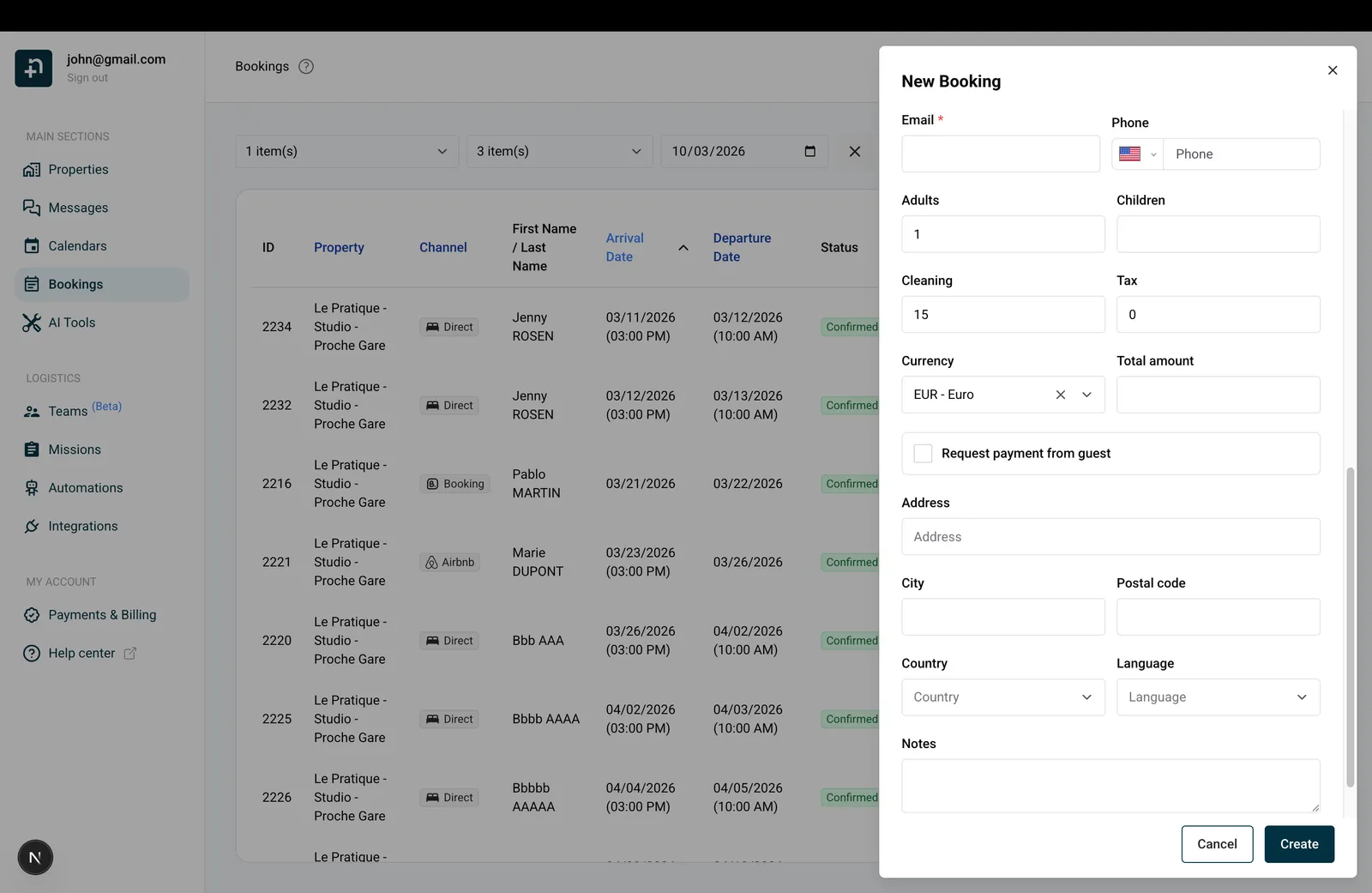 Manual booking form with payment request option