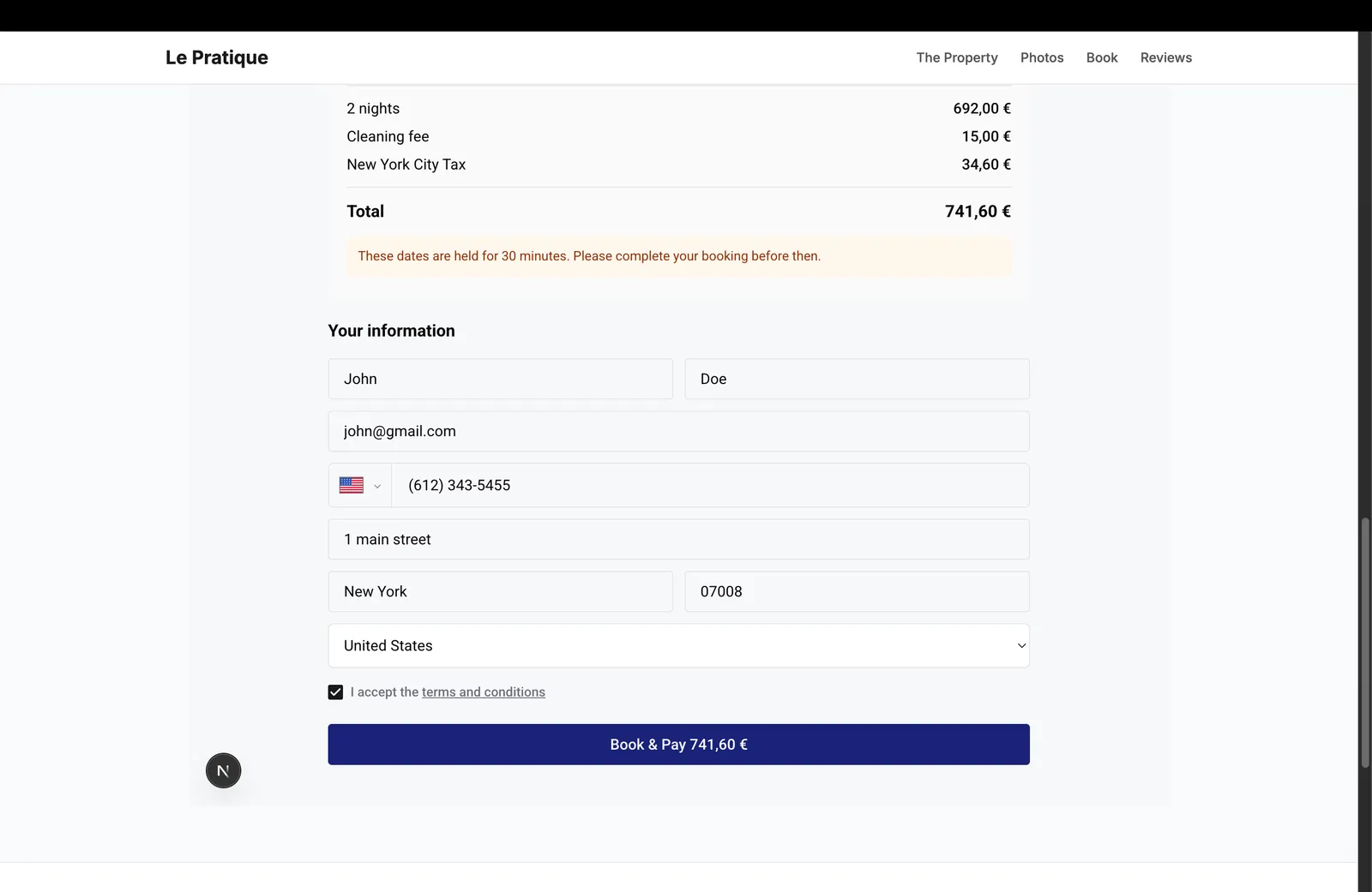 Completed guest form with Book and Pay button