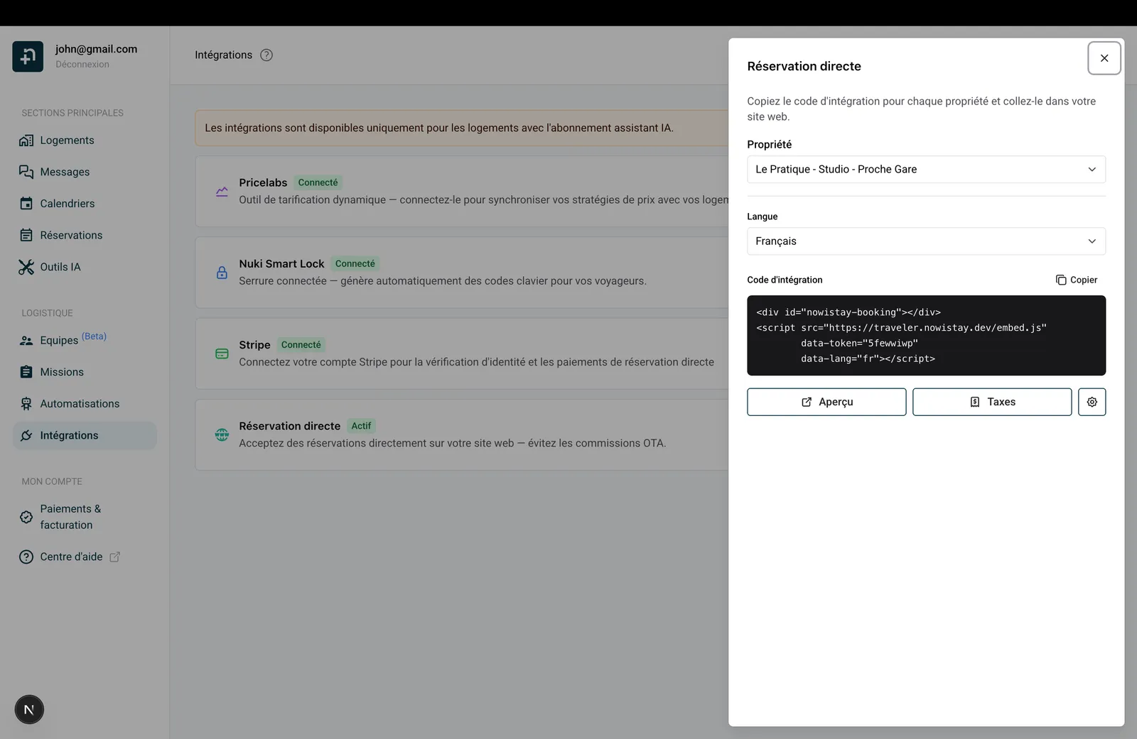 Panneau Réservation directe avec sélecteur de propriété, langue et code d'intégration