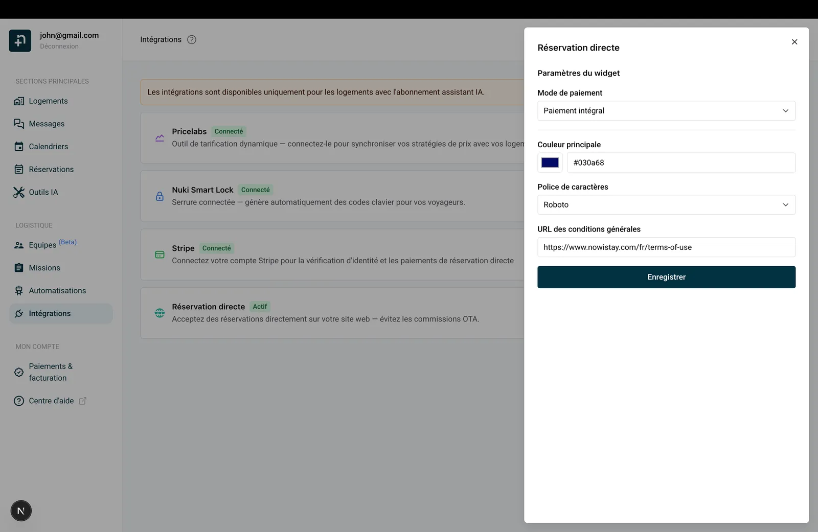 Paramètres du widget avec Paiement intégral sélectionné