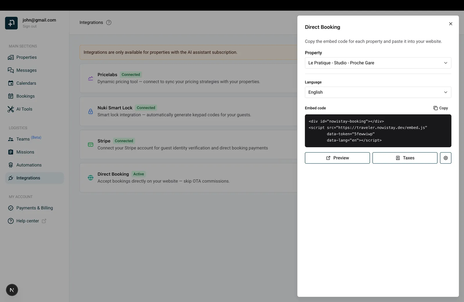 Direct Booking panel with property selector, language, and embed code