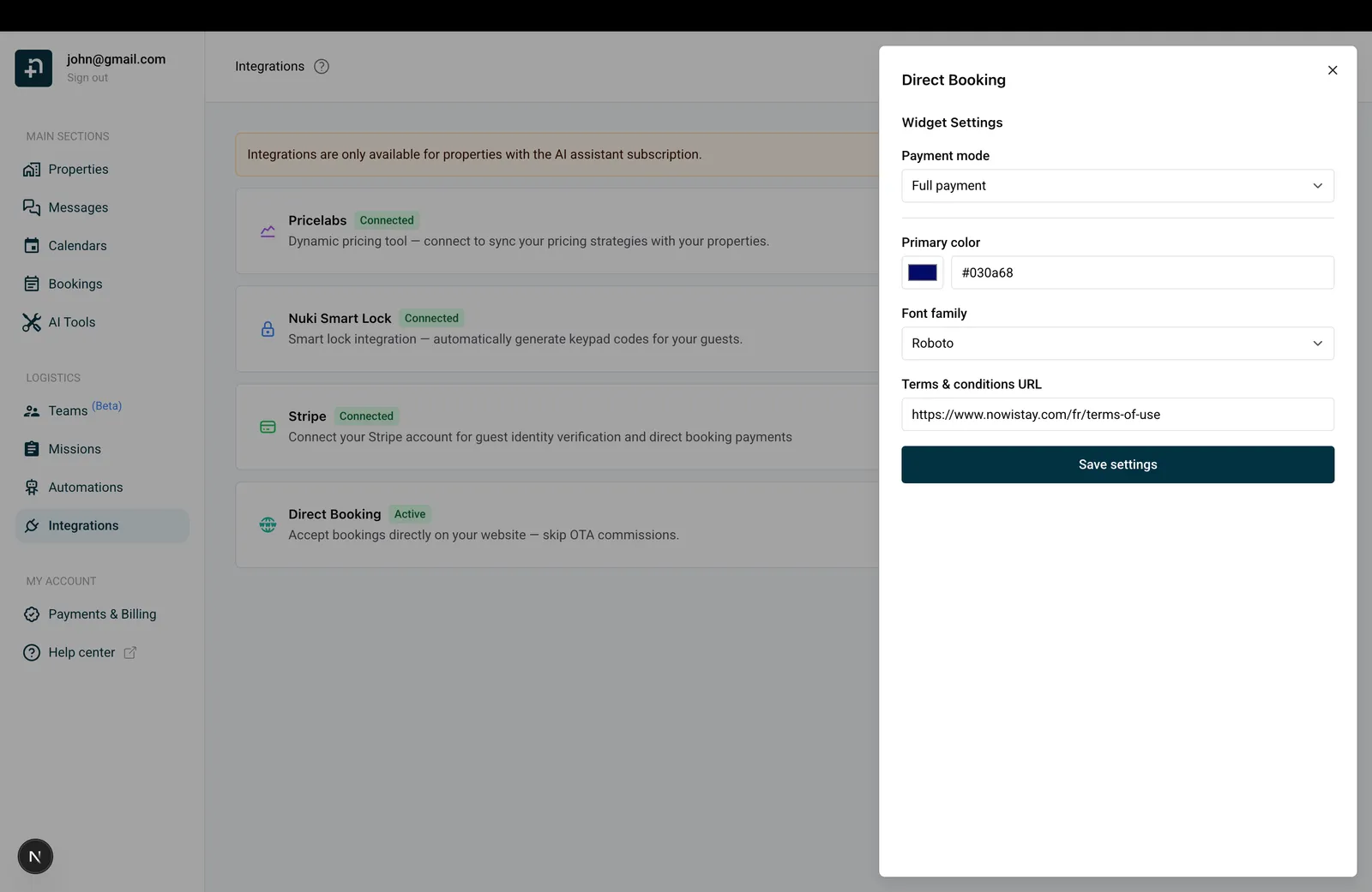 Widget settings with Full payment selected