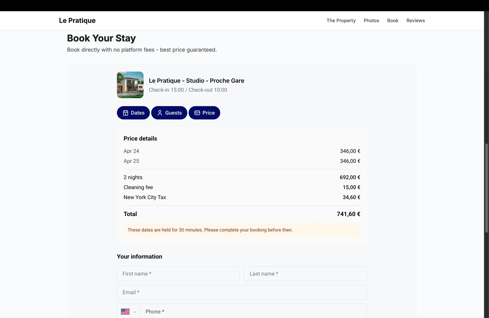 Price breakdown and guest information form