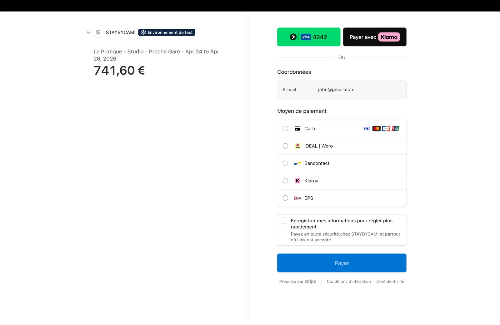 Page de paiement Stripe avec les moyens de paiement disponibles
