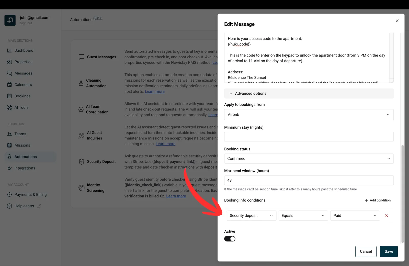 Booking info conditions set to Security deposit equals Paid in the message template editor