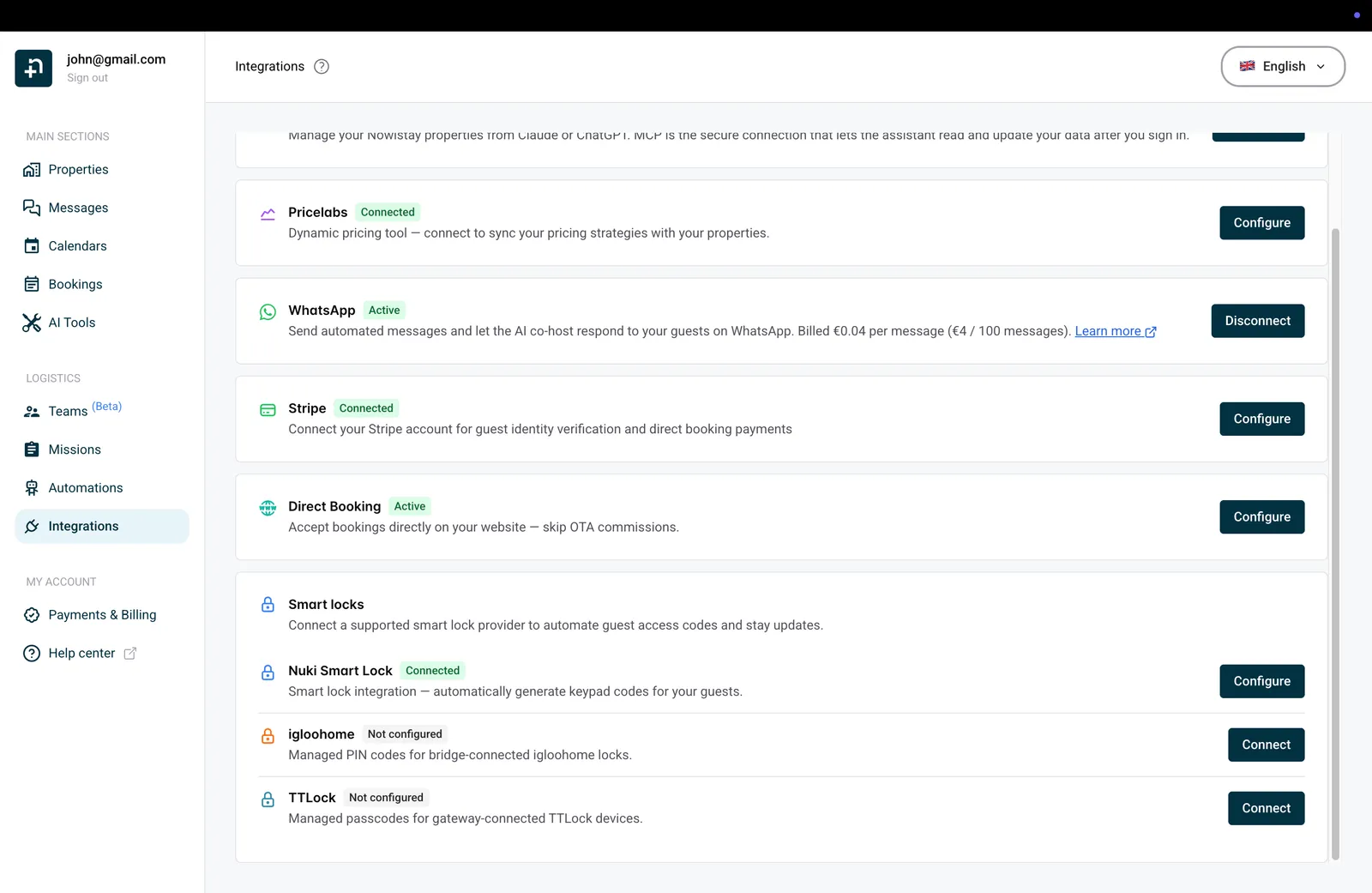 Nowistay Integrations page showing the TTLock card under Smart locks