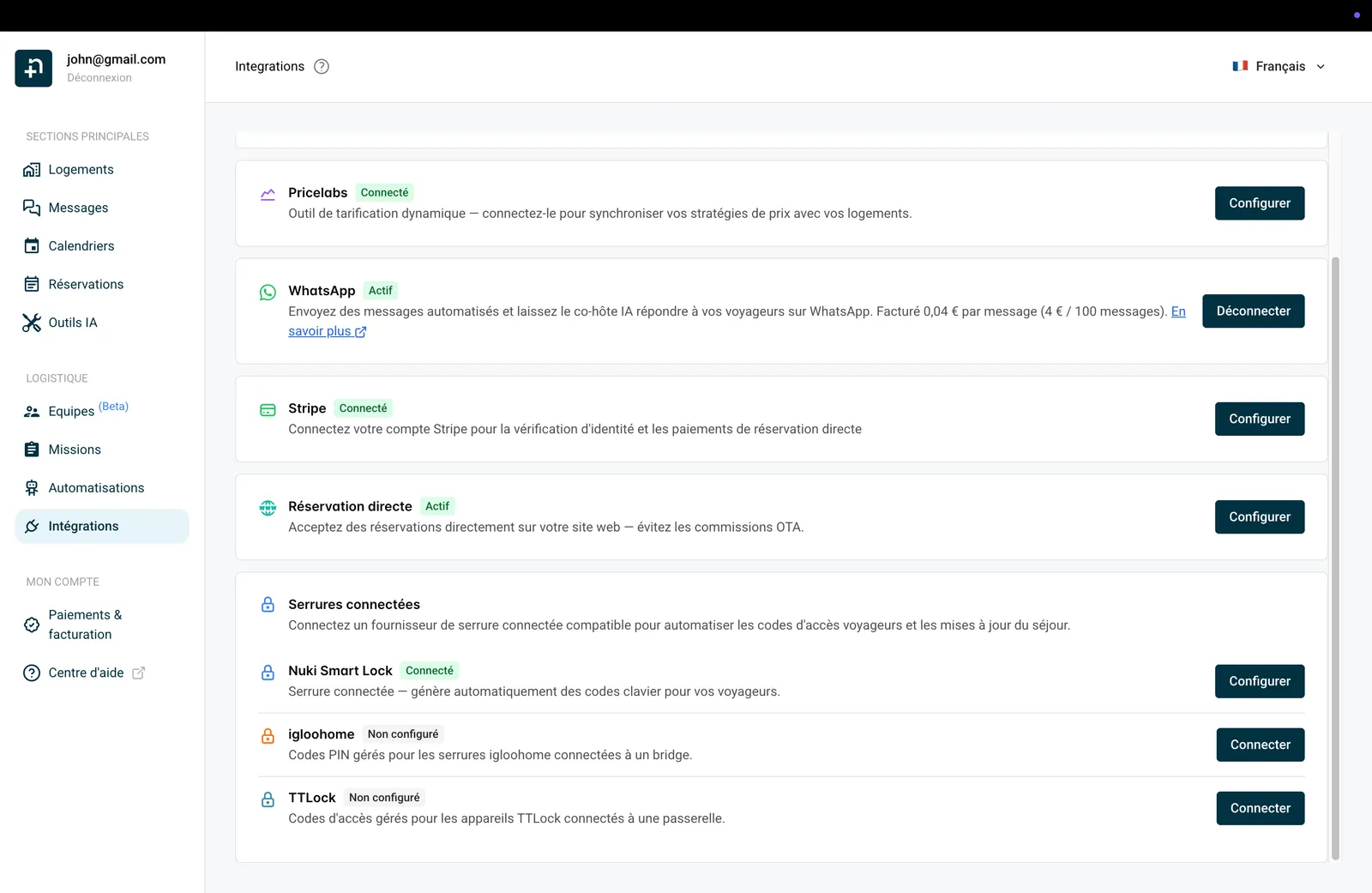 Page Intégrations de Nowistay montrant la carte TTLock