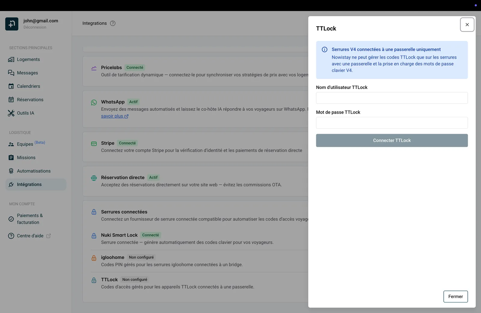 Panneau de connexion TTLock avec champs identifiant et mot de passe