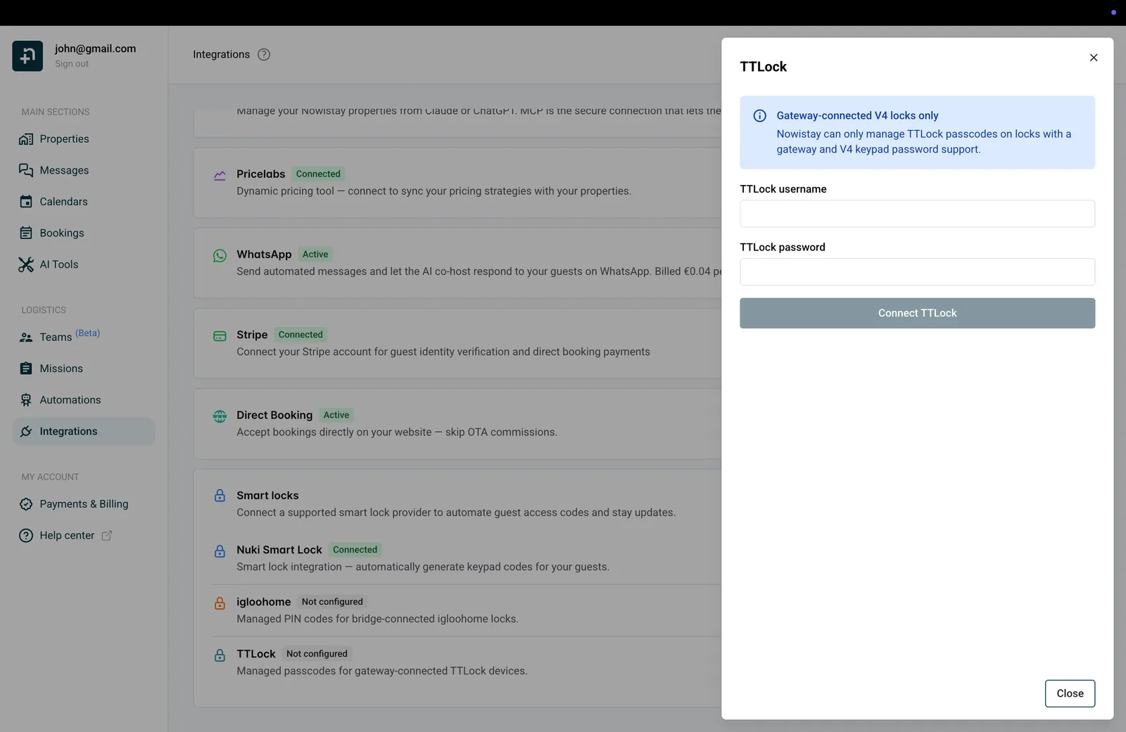 TTLock connection panel with username and password fields